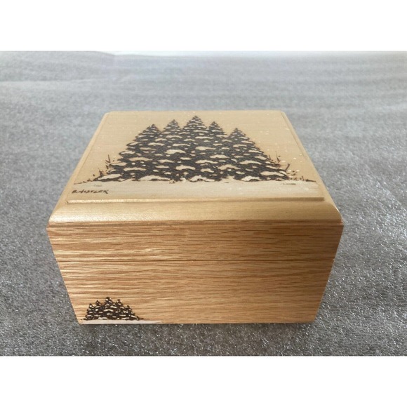 Wooden Jewelry Trinket Momento Box Engraved Snow on Evergreen Trees Signed - Picture 2 of 6